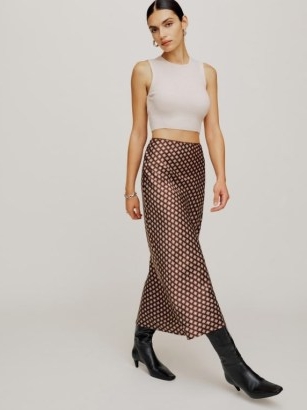 Reformation Layla Silk Skirt in Palladio – printed silky midi slip skirts – fluid fabric fashion