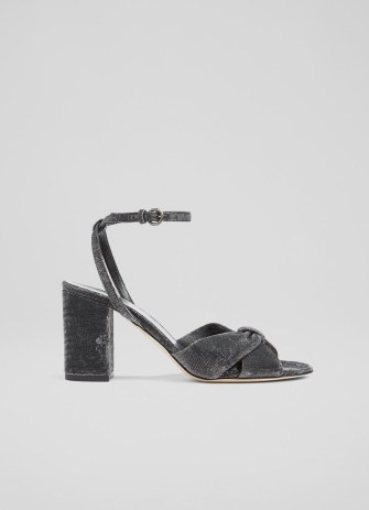 L.K. BENNETT Lucie Gunmetal Fabric Sandals / sparkly knot front block heels / women’s ankle strap party shoes - flipped