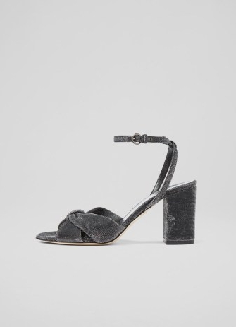 L.K. BENNETT Lucie Gunmetal Fabric Sandals / sparkly knot front block heels / women’s ankle strap party shoes