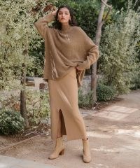 JENNI KAYNE Ludlow Skirt in Dark Camel ~ light brown front slit pencil midi skirts ~ chic minimalist clothes