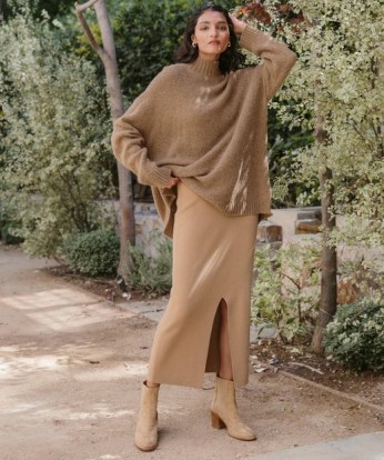 JENNI KAYNE Ludlow Skirt in Dark Camel ~ light brown front slit pencil midi skirts ~ chic minimalist clothes - flipped