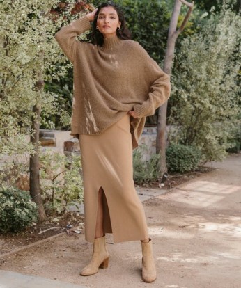 JENNI KAYNE Ludlow Skirt in Dark Camel ~ light brown front slit pencil midi skirts ~ chic minimalist clothes