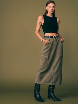 Reformation Maggi Cargo Midi Skirt in Army – straight fit side pocket skirts - flipped
