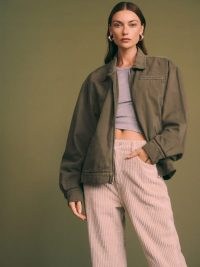 Reformation Marco Bomber Jacket in Dark Olive | green casual oversized front zip jackets