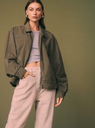 Reformation Marco Bomber Jacket in Dark Olive | green casual oversized front zip jackets - flipped