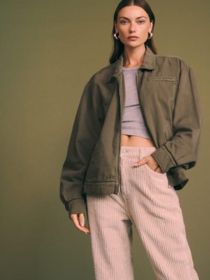 Reformation Marco Bomber Jacket in Dark Olive | green casual oversized front zip jackets