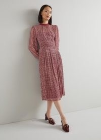 L.K. BENNETT Marianne Red Houndstooth Print Georgette Pleated Midi Dress / women’s chic long sleeved check print dresses