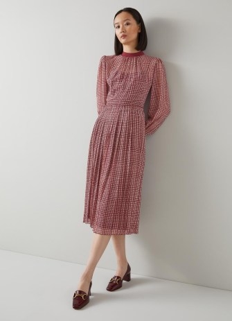 L.K. BENNETT Marianne Red Houndstooth Print Georgette Pleated Midi Dress / women’s chic long sleeved check print dresses - flipped