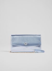 L.K. BENNETT Mason Ice Blue Metallic Leather Clutch Bag ~ shiny envelope occasion bags ~ chain shoulder strap evening handbags