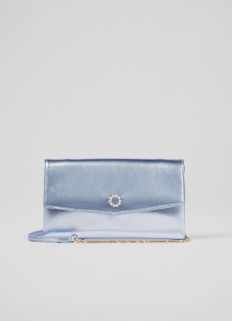 L.K. BENNETT Mason Ice Blue Metallic Leather Clutch Bag ~ shiny envelope occasion bags ~ chain shoulder strap evening handbags - flipped