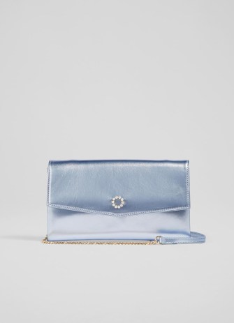L.K. BENNETT Mason Ice Blue Metallic Leather Clutch Bag ~ shiny envelope occasion bags ~ chain shoulder strap evening handbags