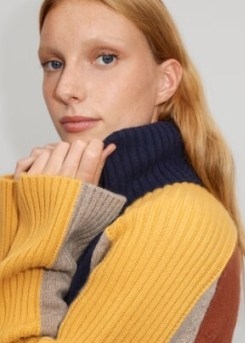 ME and EM Merino Cashmere Colour Block Jumper + Snood in Navy/Mustard/Chestnut/Mushroom | chunky colourblock knits | women’s multicoloured jumpers with snoods | wool blend crew neck sweaters - flipped