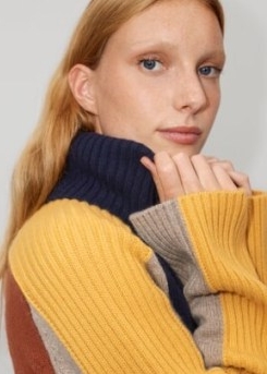 ME and EM Merino Cashmere Colour Block Jumper + Snood in Navy/Mustard/Chestnut/Mushroom | chunky colourblock knits | women’s multicoloured jumpers with snoods | wool blend crew neck sweaters