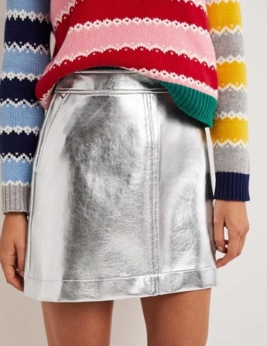 Boden Metallic A-line Mini Skirt Silver / women’s shiny metallic skirts - flipped