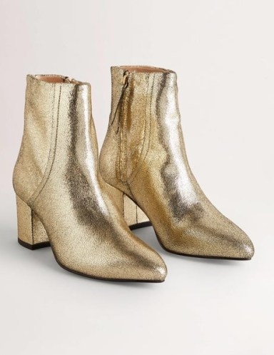 Boden Metallic Leather Ankle Boots Gold Metallic / women’s shiny block heel pointed toe boots - flipped