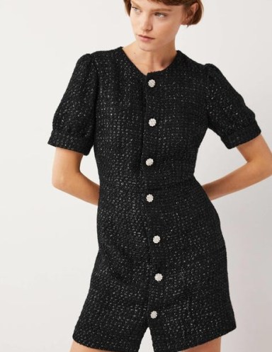 Boden Metallic Textured Mini Dress in Black / short sleeved embellished button tweed style dresses / chic fashion - flipped