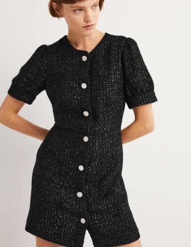 Boden Metallic Textured Mini Dress in Black / short sleeved embellished button tweed style dresses / chic fashion