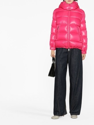 Moncler Maire puffer coat in fuchsia pink – women’s vibrant padded coats – glossy hooded high neck winter jackets - flipped