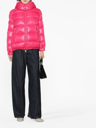 Moncler Maire puffer coat in fuchsia pink – women’s vibrant padded coats – glossy hooded high neck winter jackets