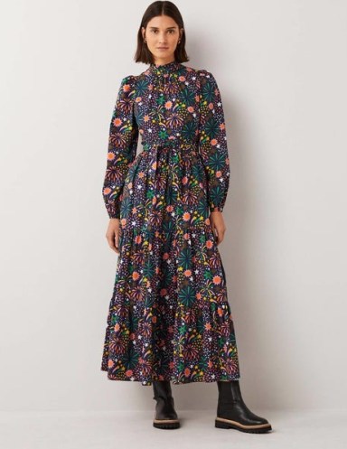 Boden Mutton Sleeve Maxi Dress in Multi Firework Bloom / long sleeved high neck floral print dresses / women’s vintage inspired clothes - flipped