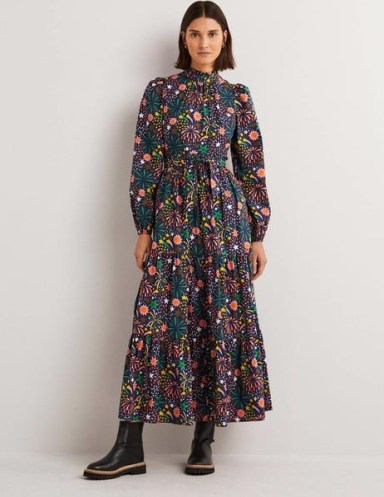 Boden Mutton Sleeve Maxi Dress in Multi Firework Bloom / long sleeved high neck floral print dresses / women’s vintage inspired clothes