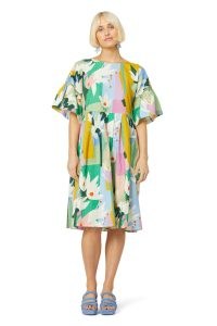 Leah Bartholomew x Gorman Myrtle Magic Smock Dress / floral organic cotton dresses / loose fit / wide frilled sleeves / abstract flower prints on women’s fashion
