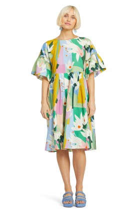 Leah Bartholomew x Gorman Myrtle Magic Smock Dress / floral organic cotton dresses / loose fit / wide frilled sleeves / abstract flower prints on women’s fashion - flipped