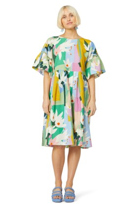 Leah Bartholomew x Gorman Myrtle Magic Smock Dress / floral organic cotton dresses / loose fit / wide frilled sleeves / abstract flower prints on women’s fashion