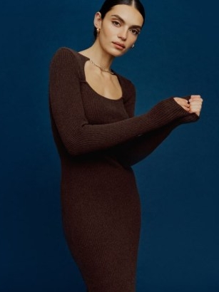 Reformation Nancy Cashmere in Americano ~ chic dark brown sweater dresses ~ chain detail neckline