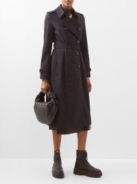 BURBERRY Chelsea cotton-gabardine long trench coat in navy | women’s dark blue belted coats | shoulder detail with epaulets