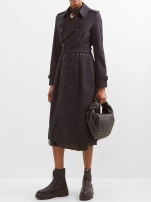 BURBERRY Chelsea cotton-gabardine long trench coat in navy | women’s dark blue belted coats | shoulder detail with epaulets - flipped