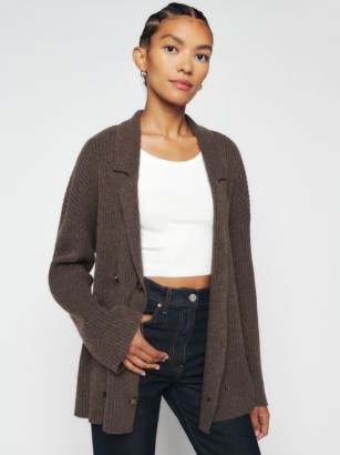 Reformation Nova Cashmere Double Breasted Cardigan in Hedgerow | women’s collared double breasted cardigans | relaxed fit with dropped shoulder - flipped