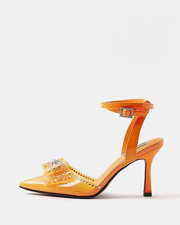 RIVER ISLAND ORANGE PERSPEX HEELED SHOES / bright transparent ankle strap pumps / embellished bow detail pointed toe shoes - flipped