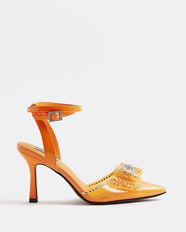 RIVER ISLAND ORANGE PERSPEX HEELED SHOES / bright transparent ankle strap pumps / embellished bow detail pointed toe shoes
