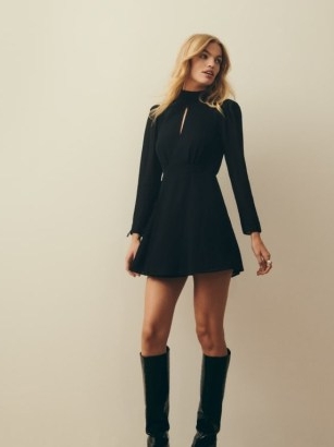 Reformation Ottessa Dress in Black – long sleeve high neck fit and flare mini dresses – front keyhole cut out