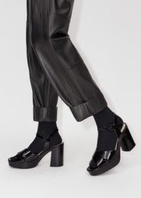 ME and EM Patent Crossover Block Heel Sandal in Black Italian Leather | block heel open toe platform sandals | women’s retro shoes | vintage inspired heels