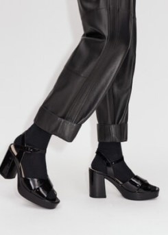 ME and EM Patent Crossover Block Heel Sandal in Black Italian Leather | block heel open toe platform sandals | women’s retro shoes | vintage inspired heels - flipped