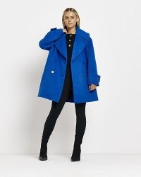 RIVER ISLAND PETITE BLUE OVERSIZED DOUBLE BREASTED COAT ~ women’s stylish wide lapel winter coats