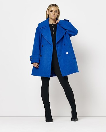RIVER ISLAND PETITE BLUE OVERSIZED DOUBLE BREASTED COAT ~ women’s stylish wide lapel winter coats - flipped