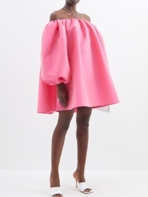 BERNADETTE Bobby off-the-shoulder taffeta dress in pink – voluminous balloon sleeve bardot dresses – romance inspired occasion clothes – matchesfashion