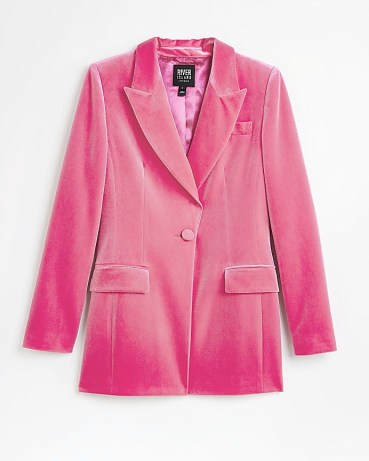 RIVER ISLAND PINK VELVET TAILORED BLAZER ~ women’s vintage inspired jackets ~ vibrant retro style jackets