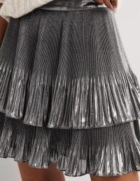 Boden Plisse Mini Skirt in Metallic Foil / shiny pleated layered hem skirts