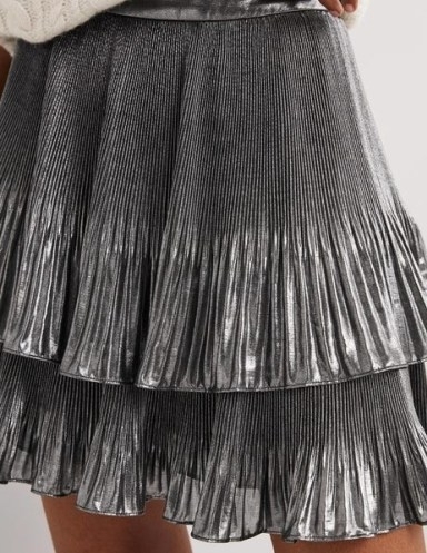 Boden Plisse Mini Skirt in Metallic Foil / shiny pleated layered hem skirts