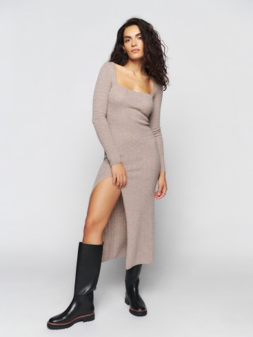 Reformation Pompeo Cashmere Cable Sweater Dress in Oatmeal | long sleeve thigh high slit hem knitted dresses | low scoop neckline - flipped