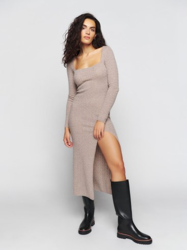 Reformation Pompeo Cashmere Cable Sweater Dress in Oatmeal | long sleeve thigh high slit hem knitted dresses | low scoop neckline