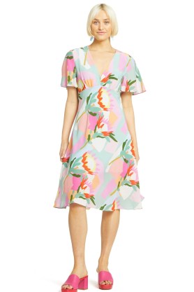 gorman Protea Sage Dress – pretty printed short sleeve empire waist dresses – women’s lightweight floaty fashion – abstract floral prints - flipped