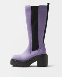 RIVER ISLAND PURPLE CHUNKY HEELED KNEE HIGH BOOTS – women’s block heel platform sole chelsea style boot – womens faux leather winter footwear