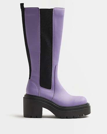 RIVER ISLAND PURPLE CHUNKY HEELED KNEE HIGH BOOTS – women’s block heel platform sole chelsea style boot – womens faux leather winter footwear - flipped