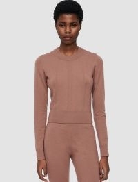 JOSEPH Cashmere Stretch Jumper in Mauve | women’s cropped slim fit round neck jumpers | luxe knits