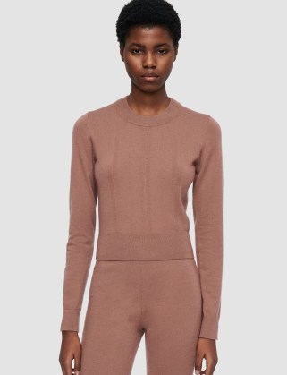 JOSEPH Cashmere Stretch Jumper in Mauve | women’s cropped slim fit round neck jumpers | luxe knits - flipped